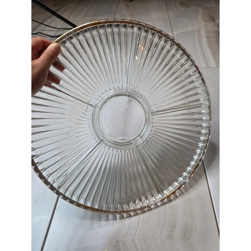 Vintage Divided Glass Relish Tray Gold Rim Ribbed 4 Section Round Server 14in E1